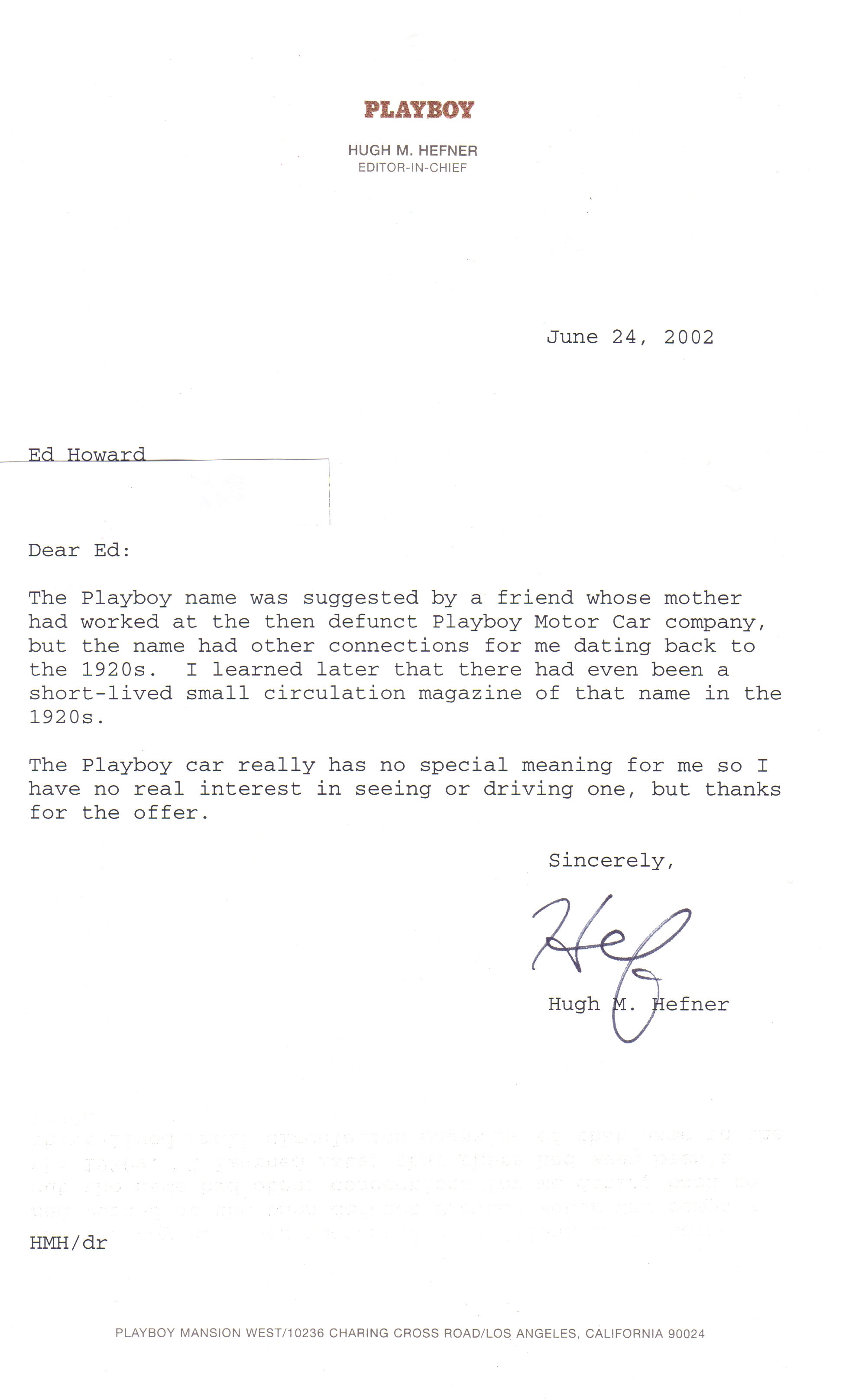Letter from Hugh Hefner